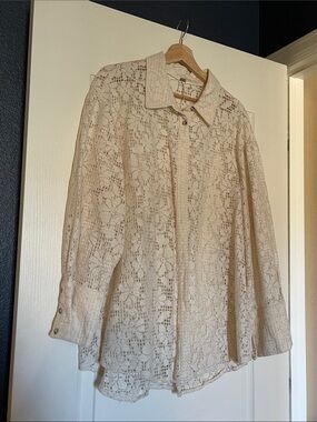 Free People Cream Crochet Lace Button-Down Shirt